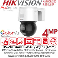 Hikvision 4MP AcuSense ColorVu Wi-Fi Mini PT Dome PoE IP Camera with 4mm Fixed Lens, 30m White Light Range, IP66, 120 dB WDR, 3D DNR, HLC, Face Capture, 24/7 Colorful Imaging - DS-2DE3A400BW-DE/W(T5) (4mm)