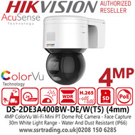 4MP Hikvision 4MP AcuSense ColorVu Wi-Fi Mini PT Dome PoE IP Camera with 4mm Fixed Lens, 30m White Light Range, IP66, 120 dB WDR, 3D DNR, HLC, Face Capture, 24/7 Colorful Imaging  - DS-2DE3A400BW-DE/W(T5) 