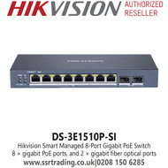 Hikvision 8-Port Smart Managed Gigabit PoE Switch, 8 × Gigabit PoE Ports, and 2 × Gigabit Fiber Optical Ports, 6 KV Surge Protection For PoE Ports - DS-3E1510P-SI