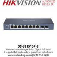 8 Port Hikvision Gigabit PoE Switch, 8 × Gigabit PoE Ports, and 2 × Gigabit Fiber Optical Ports, 6 KV Surge Protection For PoE Ports - DS-3E1510P-SI 