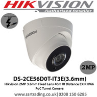 Hikvision 2MP 3.6mm Fixed Lens 40m IR Distance EXIR IP66 PoC Turret Camera - (DS-2CE56D0T-IT3E)