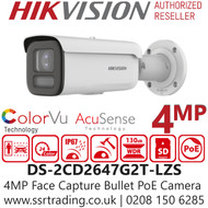 Hikvision 4MP PoE IP ColorVu AcuSense Face Capture Bullet Network Camera with 2.8-12mm Motorized Varifocal Lens, 60m White Light Distance, Water And Dust Resistant (IP67), Vandal Resistant (IK10)- DS-2CD2647G2T-LZS 