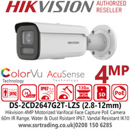 DS-2CD2647G2T-LZS Hikvision 4MP ColorVu AcuSense Face Capture Bullet PoE IP Camera with 2.8-12mm Motorized Varifocal Lens, 60m White Light Range, Water And Dust Resistant (IP67), Vandal Resistant (IK10)