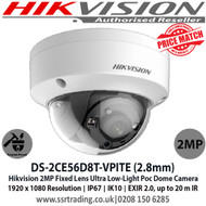 Hikvision 2MP 2.8mm Fixed Lens 20m IR TVI PoC Ultra Low Light PoC EXIR Dome Camera - (DS-2CE56D8T-VPITE)