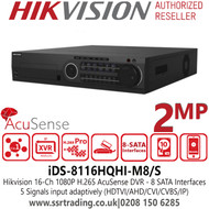 16 Channel  DVR Hikvision iDS-8116HQHI-M8/S 1080P 2U H.265 AcuSense 8 SATA Interfaces 16Ch DVR, HDTVI/AHD/CVI/CVBS/IP Video Inputs