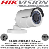  Hikvision 2MP 3.6mm Fixed Lens 20m IR Full HD1080p  IP66 PoC Bullet Camera - (DS-2CE16D0T-IRE)