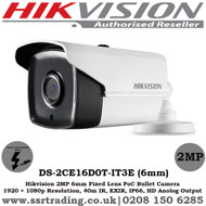Hikvision 2MP 6mm Fixed Lens 40m IR Full HD1080p Nightvision IP66 PoC Outdoor Bullet Camera - (DS-2CE16D0T-IT3E)