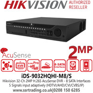 Hikvision iDS-9032HQHI-M8/S  32 Channel 2MP 1080p AcuSense H.265 32Ch DVR, HDTVI/AHD/CVI/CVBS/IP Video Inputs, 8 SATA Interfaces and 1 eSATA Interface 