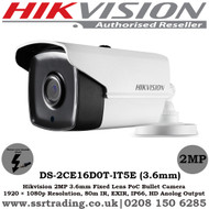  Hikvision 2MP 3.6mm Fixed Lens 80m IR Full HD1080P IP66 Weatherproof PoC EXIR Bullet Camera - (DS-2CE16D0T-IT5E)
