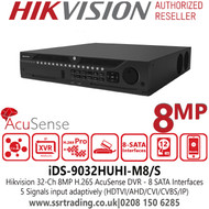 Hikvision 32 Channel 8MP 2U H.265 AcuSense DVR, 8 SATA Interfaces and 1 eSATA Interface, HDTVI/AHD/CVI/CVBS/IP Video Inputs - iDS-9032HUHI-M8/S