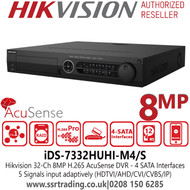 Hikvision iDS-7332HUHI-M4/S 32 Channel 8MP H.265 AcuSense 32 Ch DVR, HDTVI/AHD/CVI/CVBS/IP Video Inputs, H.265 Pro+/H.265 Pro/H.265/H.264+/H.264 Video Compression, 4 SATA Interfaces and 1 eSATA Interface 