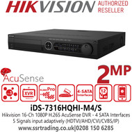 16 Channel DVR Hikvision 2MP H.265 AcuSense 16Ch DVR - HDTVI/AHD/CVI/CVBS/IP Video Inputs - 4 SATA Interfaces and 1 eSATA Interface - iDS-7316HQHI-M4/S 