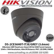  Hikvision 5MP 3.6mm Fixed Lens 40m IR EXIR PoC Turret Camera- (DS-2CE56H0T-IT3E/GREY)