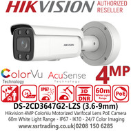 Hikvision 4MP IP PoE ColorVu AcuSense Outdoor Bullet Camera with 3.6-9mm Motorized Varifocal Lens - 60m White Light Range - Water and Dust Resistant (IP67) - Vandal Resistant (IK10) - DS-2CD3647G2-LZS (3.6-9mm)