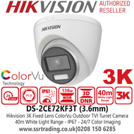 Hikvision 3K ColorVu Outdoor Turret TVI Camera with 3.6mm Fixed Lens, 40m White Light Range - DS-2CE72KF3T (3.6mm)
