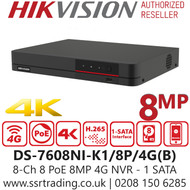  Hikvision 8-Ch 8 PoE 8MP/4K 1 SATA 4G NVR - DS-7608NI-K1/8P/4G(B)