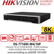 Hikvision 8K 16Ch 16 PoE NVR, 4 SATA Interfaces, H.265+/H.265/H.264+/H.264 Video Formats, Dual 4K HDMI Output Resolution - DS-7716NI-M4/16P 