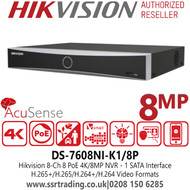 4K/8MP Hikvison 8Ch Acusense 8 PoE Plug & Play 1 SATA Interface 4K NVR, Face Capture, Motion Detection -  DS-7608NXI-K1/8P 