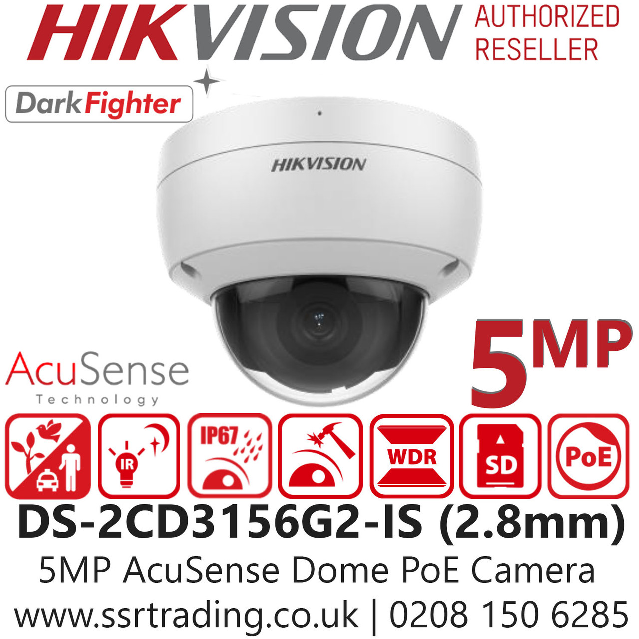 Hikvision 5MP PoE AcuSense Dome Camera - DS-2CD3156G2-IS (2.8mm)