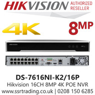 Hikvision DS-7616NI-K2/16P 16 Channel 8MP Network Recorder NVR 16 PoE H.265+