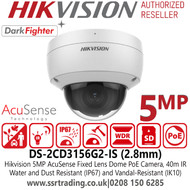 Hikvision 5MP IP PoE AcuSense Outdoor Dome Network Camera with 2.8mm Fixed Lens, Water and Dust Resistant (IP67) and Vandal-Resistant (IK10) - DS-2CD3156G2-IS (2.8mm)