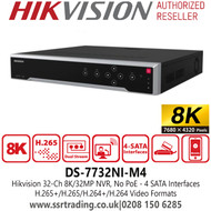 Hikvision 32 Channel 8K/32MP No PoE 32Ch NVR, 4 SATA Interface, 265+/H.265/H.264+/H.264 Video Formats, Dual 4K HDMI Output Resolution - DS-7732NI-M4