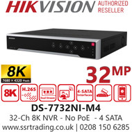 DS-7732NI-M4 Hikvision 32Channel 8K/32MP No PoE 32 Ch NVR, 4 SATA Interface, 265+/H.265/H.264+/H.264 Video Formats, Dual 4K HDMI Output Resolution 