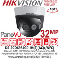Hikvision 32MP 180° PanoVu PoE IP Camera with 2.8 mm, Four Lenses, 20m IR Distance, Audio and Alarm I/O, Optional, IP67, IK10 - DS-2CD6984G0-IH(S)(AC)(/NFC) 