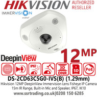 Hikvision 12MP IP PoE Fisheye Outdoor Camera with 1.29mm Fixed Lens, Built-in Mic And Speaker, Built-in Memory Card Slot , IP67, IK10 - DS-2CD63C5G0-IVS(B)