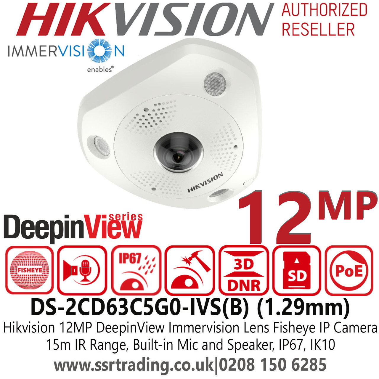 DS-2CD63C5G0-IVS(B) Hikvision 12MP IP PoE Fisheye Outdoor Camera with  1.29mm Fixed Lens, Built-in Mic And Speaker, Built-in Memory Card Slot,  IP67, IK10