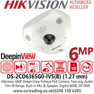 Hikvision 6MP IP PoE DeepinView Outdoor Fisheye Camera with 1.27 mm Lens, 15m IR Range, Built in Mic & Speaker, Two-way Audio, Digital WDR, 3D DNR, IP67, IK10 - DS-2CD6365G0-IVS(B)