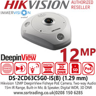 Hikvision 12MP IP PoE DeepinView Immervision Lens Fisheye Camera with 1.29 mm Lens, 15m IR Range, Two-way Audio, Built in Mic and Sepaker, Digital WDR, 3D DNR - DS-2CD63C5G0-IS(B)