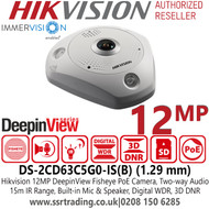 12MP Hikvision 12MP DeepinView Immervision Lens Fisheye IP PoE Camera with 1.29 mm Lens, 15m IR Range, Two-way Audio, Built in Mic and Sepaker, Digital WDR, 3D DNR  - DS-2CD63C5G0-IS(B) (1.29 mm)