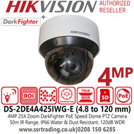 Hikvision DS-2DE4A425IWG-E 4MP PoE IP Darkfighter 25 Optical Zoom PTZ Camera with 4.8 to 120 mm Focal Lens, 50m IR Range, 120dB WDR, 3D DNR 