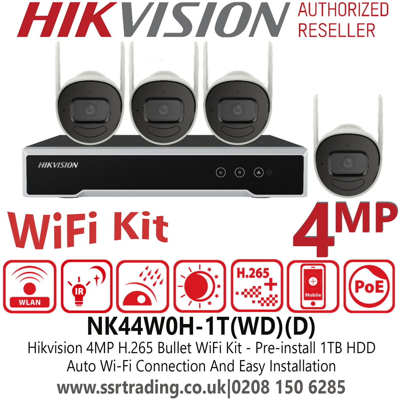 Hikvision 4MP H.265 Bullet WiFi Kit with 1TB Hard Drive, 4MP Bullet Wi-Fi  Cameras with Efficient H.265 - NK44W0H-1T(WD)(D)