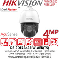 Hikvision DS-2DE7A425IW-AEB(T5) 4MP PoE IP Outdoor AcuSense Darkfighter Face Capture PTZ Camera with 25× Optical Zoom, 4.8mm to 120mm Focal Lens, 200m IR Range, IP66, IK10, 120 dB WDR, Digital Defog 
