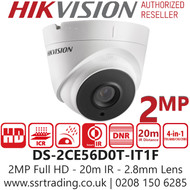  Hikvision 2MP 2.8mm 4-in-1 Fixed Lens 20m IR CCTV Turret Camera - DS-2CE56D0T-IT1F