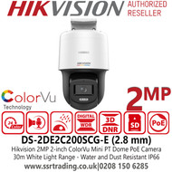 DS-2DE2C200SCG-E Hikvision 2MP ColorVu Mini PT Dome IP PoE Camera with 2.8mm Fixed Lens, 30m White Light Range, IP66 Water and Dust Reisitant, Digital WDR, Built in MIC & Speaker 