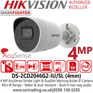 DS-2CD2046G2-IU/SL(4mm) Hikvision 4MP PoE IP AcuSense DarkFighter Strobe Light and Audible Warning Bullet Camera - Built-in two-way audio - 40m IR Range 