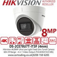 4K Hikvision Ultra-Low Light 4-in-1 TVI Turret 8MP Camera with 3.6mm Fixed Lens. 60m IR Range, IP67  - DS-2CE78U7T-IT3F (3.6mm)