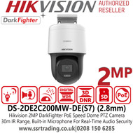 Hikvision IP PoE 2MP IR Mini PT Dome Camera with Darkfighter Technology, 2.8mm Fixed Lens, 30m IR Range, IP66 Weather and Dust Resistent, WDR, 3D DNR - DS-2DE2C200MW-DE(S7) (2.8mm)