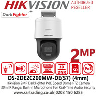 Hikvision IP PoE 2MP IR Mini PT Dome Camera with Darkfighter Technology, 4mm Fixed Lens, 30m IR Range, IP66 Weather and Dust Resistent, WDR, 3D DNR - DS-2DE2C200MW-DE(S7) (4mm)