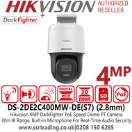 4MP Hikvision 4MP Darkfighter Mini PT Dome Outdoor IP PoE Camera with 2.8mm Fixed Lens, Built-in Microphone, 30m IR Range, IP66, 3D DNR, DWDR - DS-2DE2C400MW-DE(S7) 