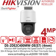 Hikvision DS-2DE2C400MW-DE(S7) (4mm) 4MP IP PoE Mini PT Dome Outdoor Camera with 4mm Fixed Lens, Built-in Microphone, 30m IR Range, IP66, 3D DNR, DWDR 