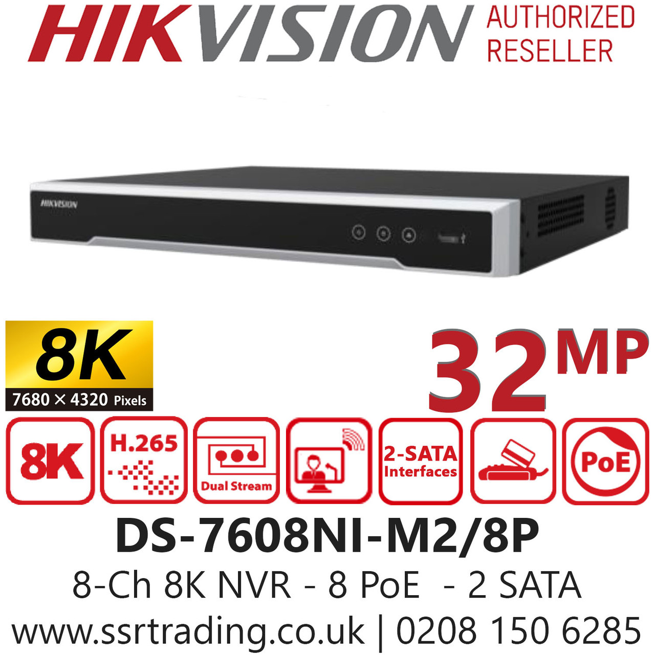 Hikvision 8 Channel 8 PoE 8K 2 SATA NVR - DS-7608NI-M2/8P