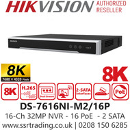 Hikvision 16Ch 8K 16 PoE 16 Channel NVR - 2 SATA Interfaces - H.265+/H.265/H.264+/H.264 Video Formats - DS-7616NI-M2/16P 