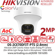 Hikvision 2MP ColorVu Indoor Audio TVI PT Camera with 2.8mm Fixed Lens, 20m White Light Range, 24/7 Color Imaging with F1.0 Aperture, High Quality Audio With Audio Over Coaxial Cable, Built-in Microphone - DS-2CE70DF3T-PTS 
