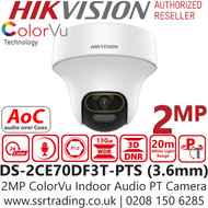 Hikvision ColorVu Indoor Audio PT TVI 2MP Camera with 3.6mm Fixed Lens, 20m White Light Range, 24/7 Color Imaging with F1.0 Aperture, High Quality Audio With Audio Over Coaxial Cable, Built-in Microphone - DS-2CE70DF3T-PTS  (3.6mm)