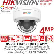 Hikvision IP PoE 4MP ColorVu Dome Camera with 2.8mm Fixed Lens, 30m White Light Range, 24/7 Colorful Imaging, Excellent Low-light Performance, Water and Dust Resistant (IP67) and Vandal Resistant (IK08) - DS-2CD1147G0-L(UF) (2.8mm)