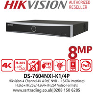 Hikvision 4 Channel AcuSense 4 PoE 8MP 4Ch NVR, 1 SATA Interface, Face Capture, H.265+/H.265/H.264+/H.264 Video Formats   - DS-7604NXI-K1/4P